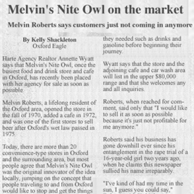 clipping of newspaper article on Melvin's store being put up for sale